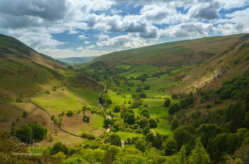 View down valley at Llanrhaeadr near Pistyll Rhaeadr falls in Wales