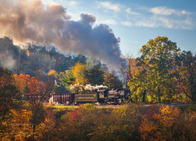 Western Maryland Railroad steam train in the fall of 2011. This scenic railroad offers excursions pulled by a 1916 Baldwin locomotive from Cumberland to Frostburg.