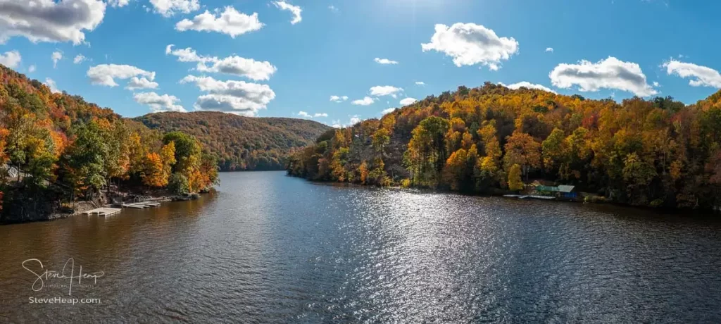 Cheat River canyon entering the Cheat Lake near Morgantown, West Virginia, during a brilliant fall season