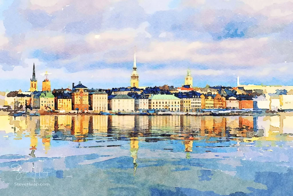 Digital water color of the panorama of Gamla Stan in Stockholm Sweden. The town dates back to 13th Century. The brightly colored city is beautiful from out in the harbor