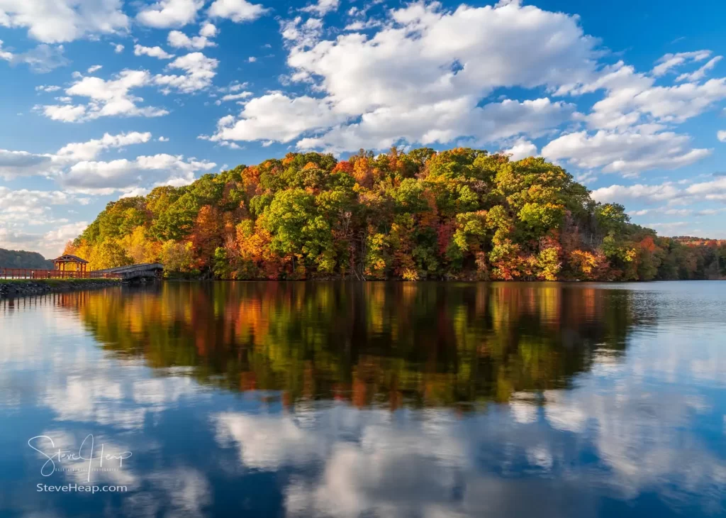 Warm light on the park at Cheat Lake near Morgantown West Virginia on a beautiful calm autumn evening