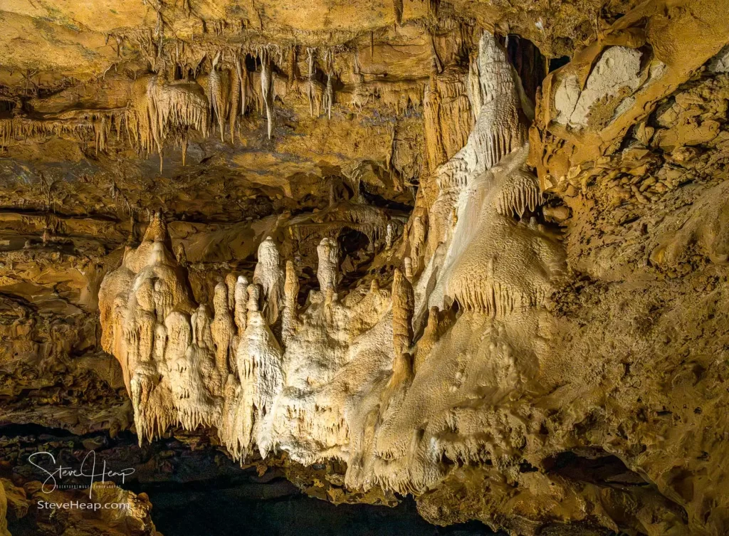 Rock formations with stalactites and stalagmites in Inner Space Cavern near Georgetown, TX