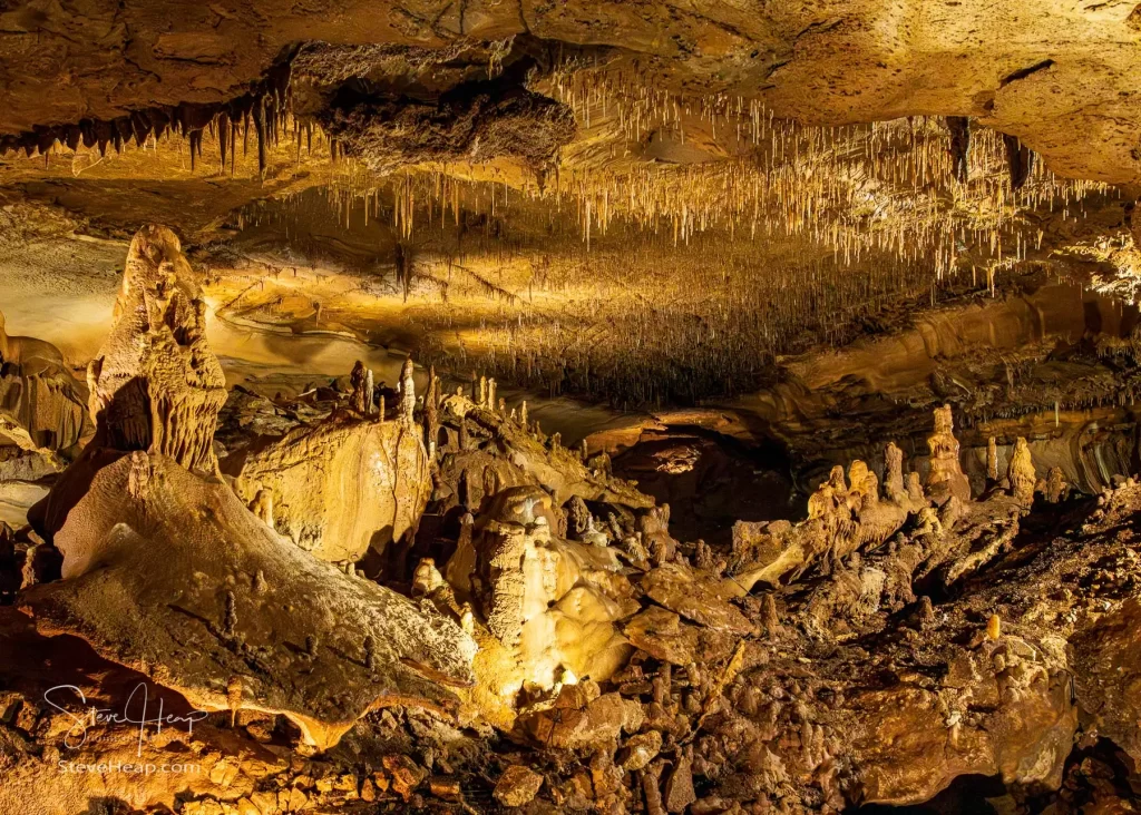 Rock formations with stalactites and stalagmites in Inner Space Cavern near Georgetown, TX