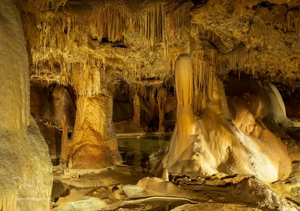 Rock formations with stalactites and stalagmites in Inner Space Cavern near Georgetown, TX