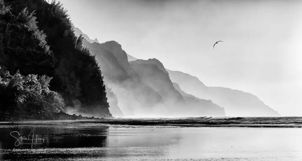 Monochrome view of a sunset over the Na Pali coast on the Hawaiian island of Kauai