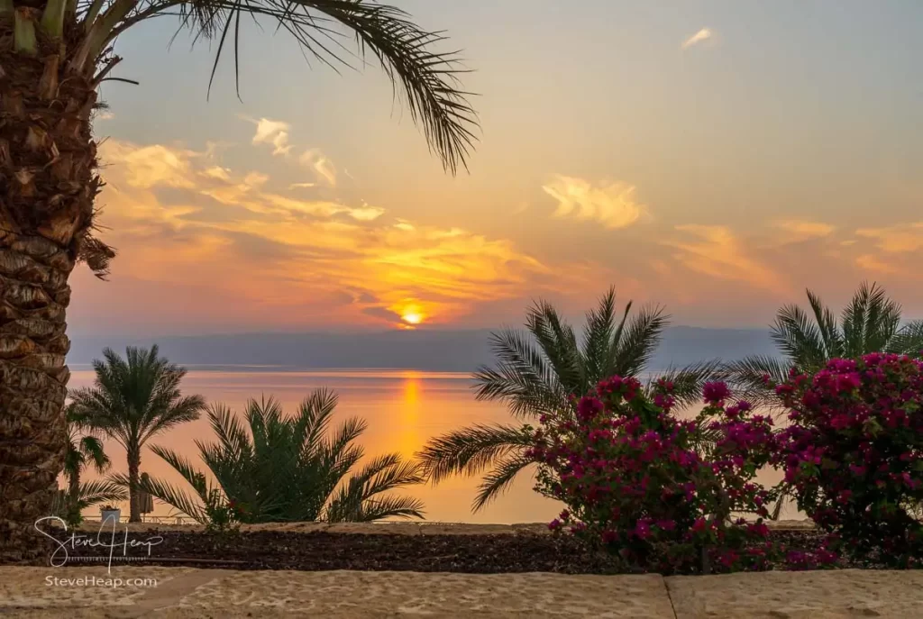 Sunset over the Dead Sea looking across to the West Bank and Israel