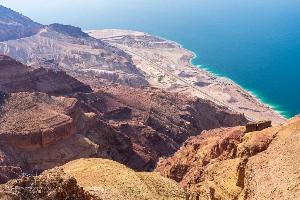 View of the coastline from the Dead Sea Panorama Museum in Jordan