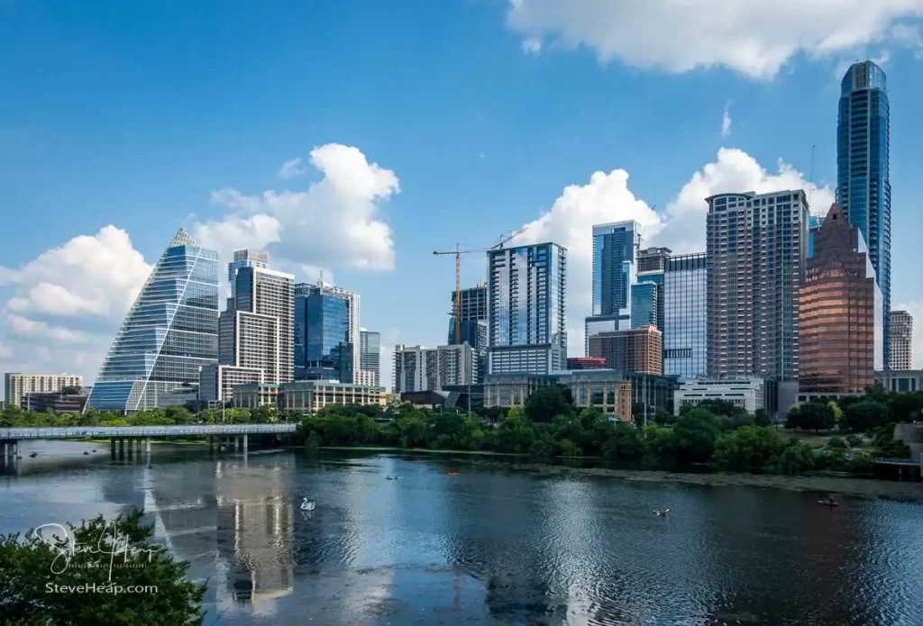 The skyline of Austin from the 1st Street bridge over the Colorado River. Prints available in my online store.