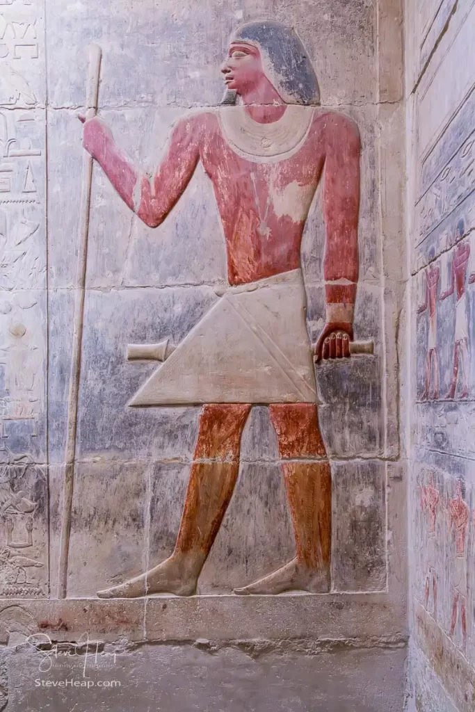 Paint remaining on the carving of a man inside the Kagemni tomb