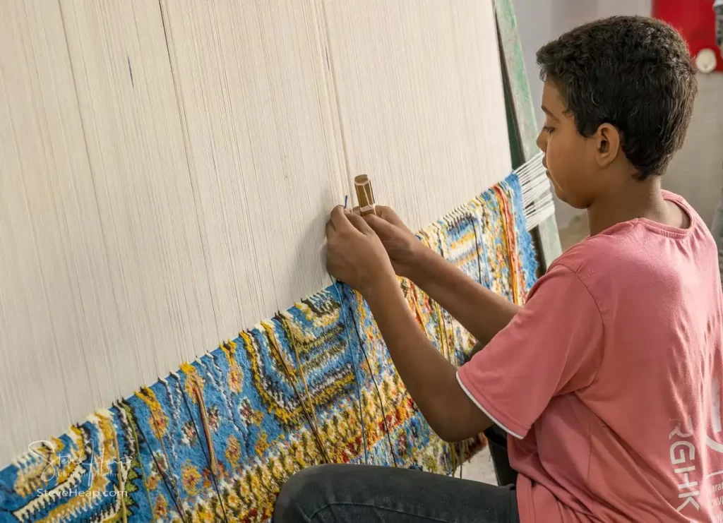 Young boy working on knotting threads into a carpet near Saqqara