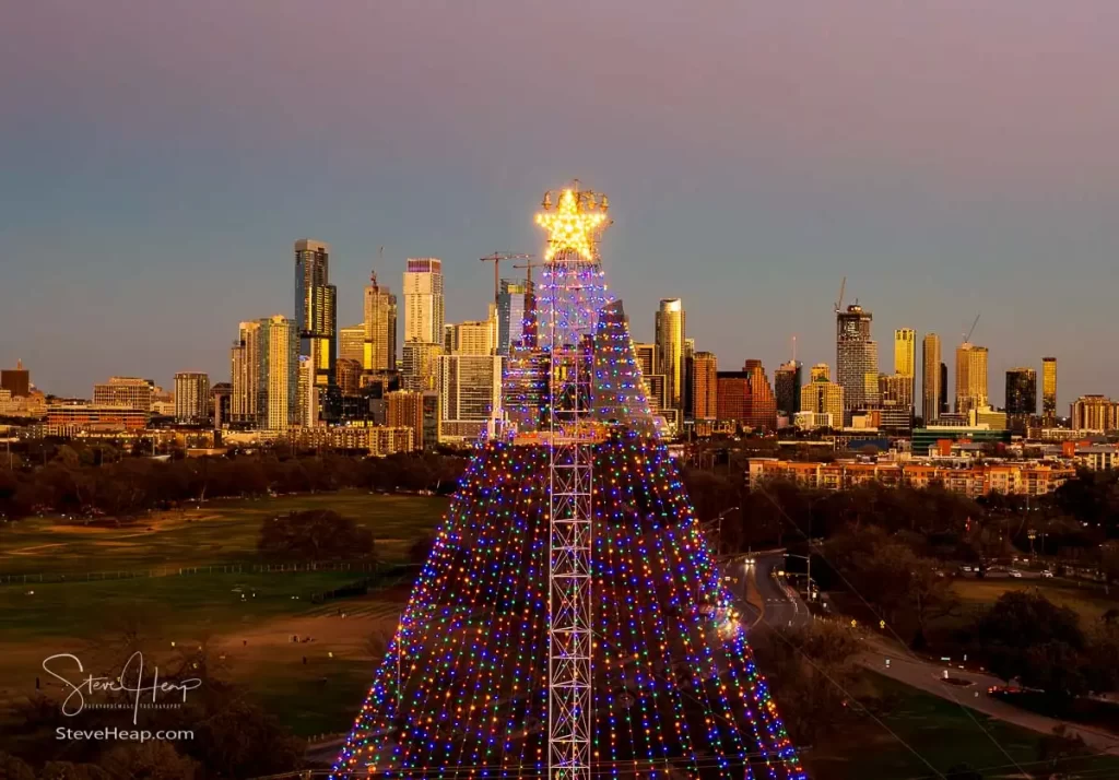 Zilker Christmas tree and lights with the city skyline of Austin in the distance. Prints available in my online store