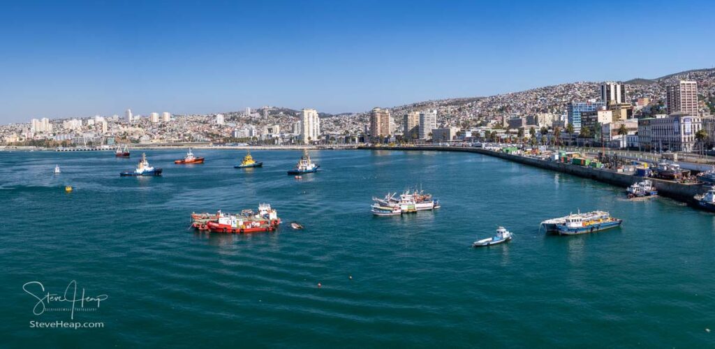 Panorama of the city and port of Valparaiso from the Viking Jupiter docked in the freight harbor. Prints available in my online store