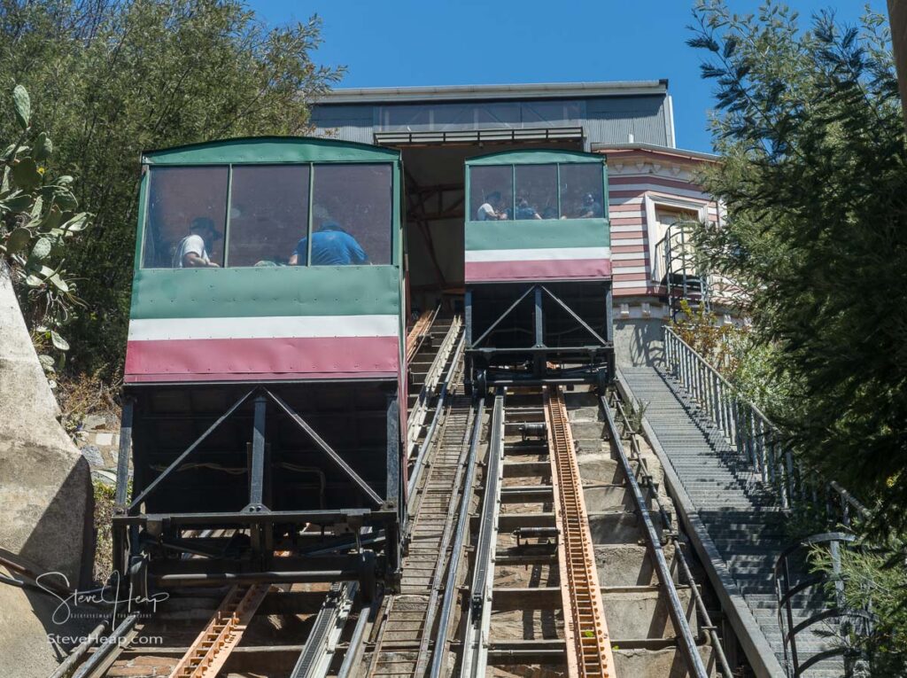 Historic elevator cars on the steep track of Funicular railway in Valparaiso Chile to the hilltop residential districts