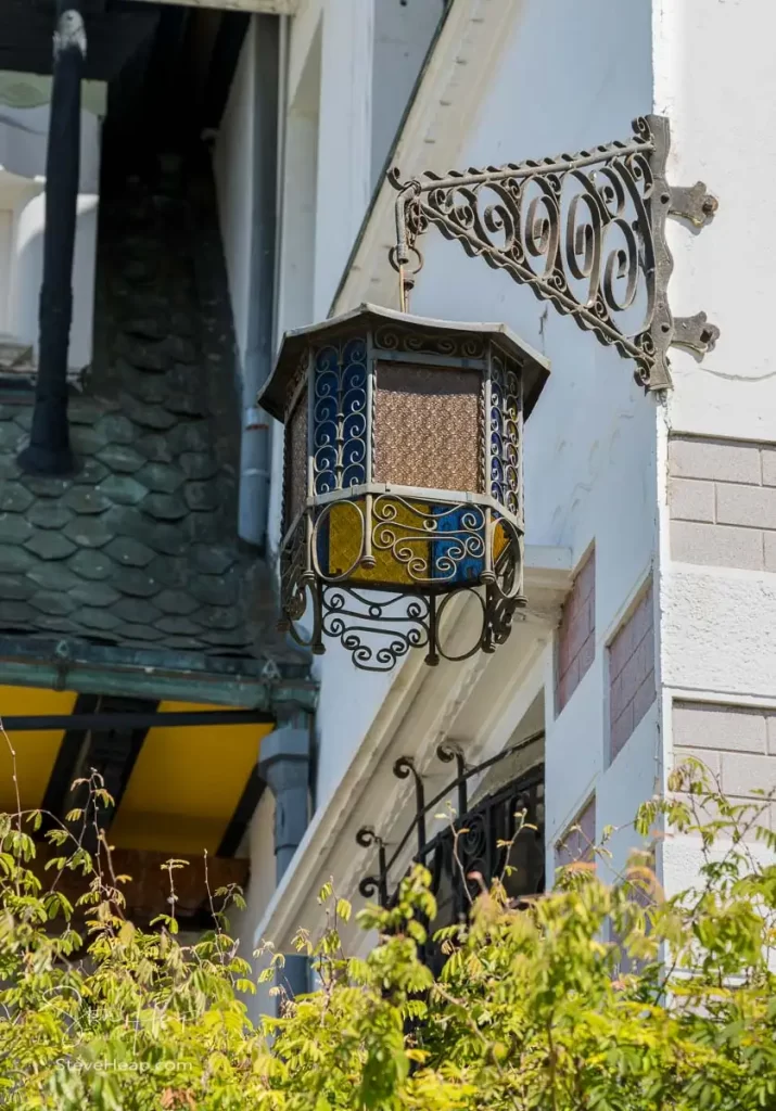 Ornate lantern by the front door of Historic Palacio Baburizza