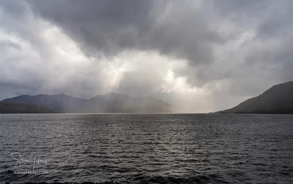 A few patches of light among the rain clouds in the Chilean Fjords