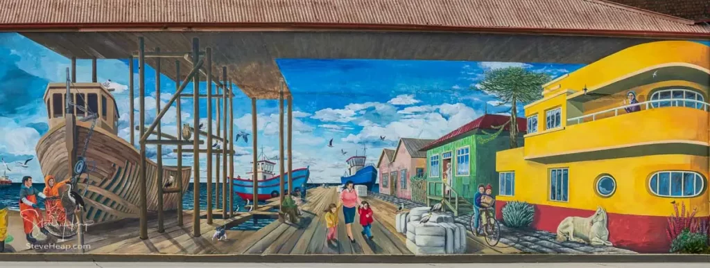 Massive wall mural painting showing life in Punta Arenas in earlier years. Prints available in my online store