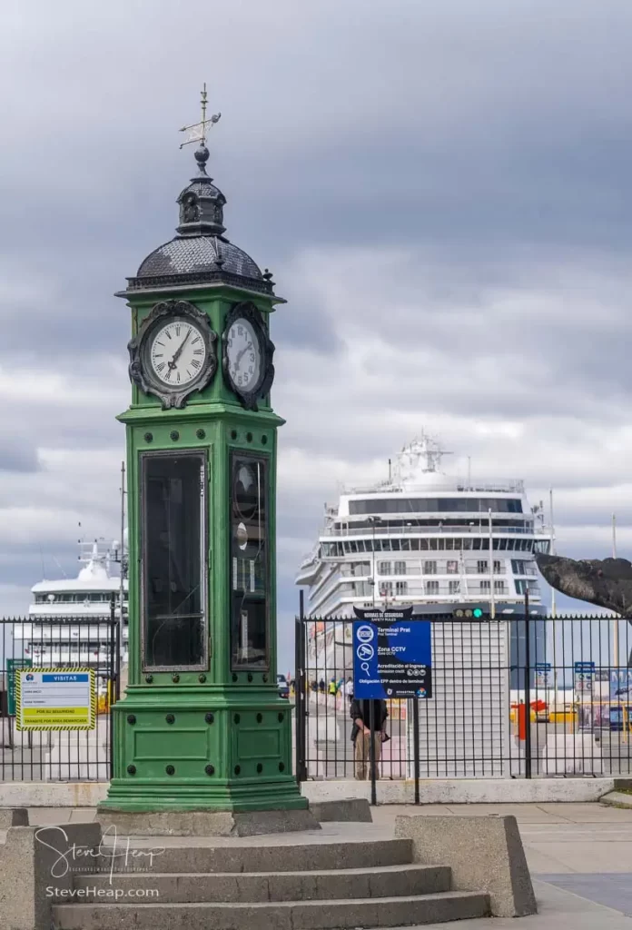 Antique clock at the entrance to the pier of Punta Arenas