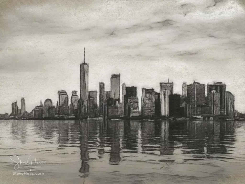 Charcoal drawing of the New York skyline from the Hudson River. Available as a wall mural here