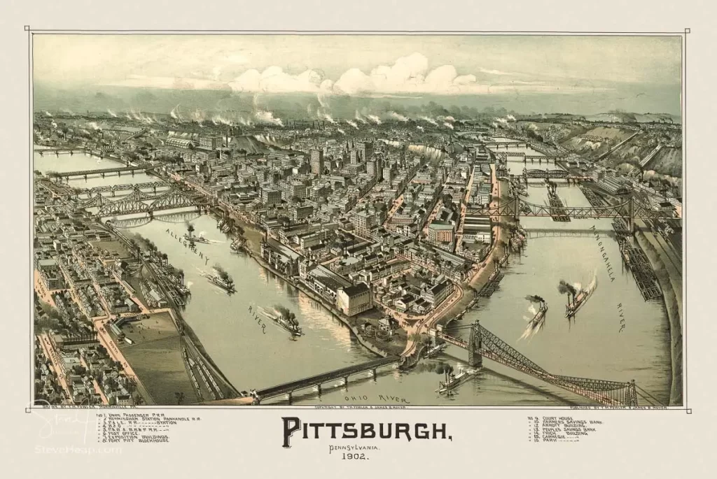 Antique map drawn of the City of Pittsburgh in 1902. Wall murals available here